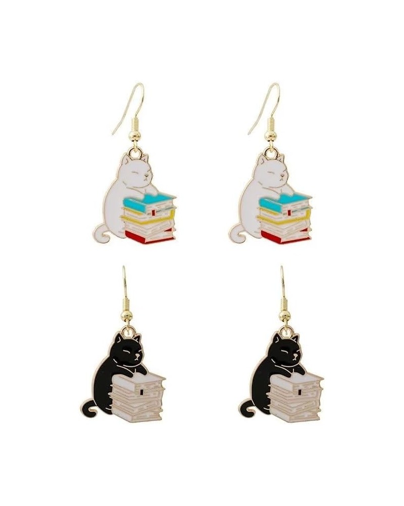 2pairs Kawaii Cute Little Cat Earrings Cartoon Black White Cat Earrings Teacup Sweet Cat Book Earrings Earrings For Women Gir...