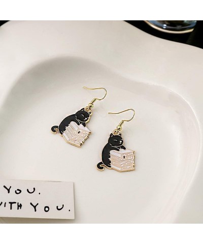 2pairs Kawaii Cute Little Cat Earrings Cartoon Black White Cat Earrings Teacup Sweet Cat Book Earrings Earrings For Women Gir...