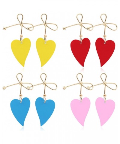 4 Pairs Chic Charm Boho Red Yellow Matte Paint Heart Statement Stud Dangle Drop Earrings Set with Gold Bow for Women Sister M...