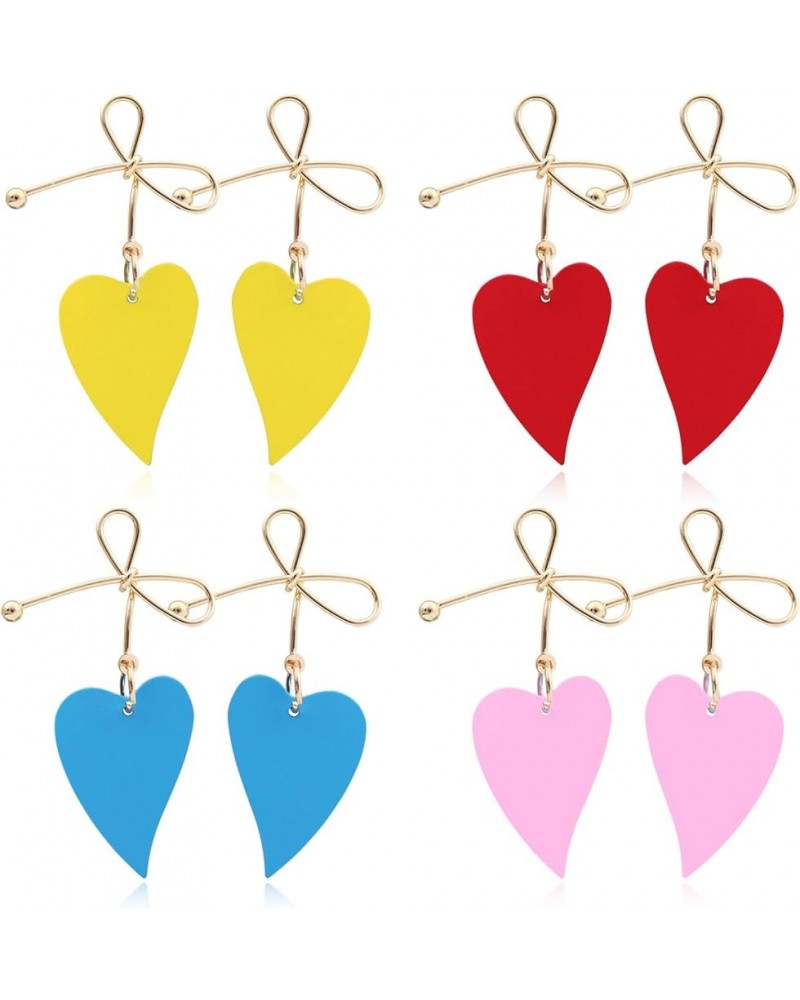 4 Pairs Chic Charm Boho Red Yellow Matte Paint Heart Statement Stud Dangle Drop Earrings Set with Gold Bow for Women Sister M...