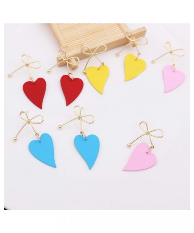 4 Pairs Chic Charm Boho Red Yellow Matte Paint Heart Statement Stud Dangle Drop Earrings Set with Gold Bow for Women Sister M...