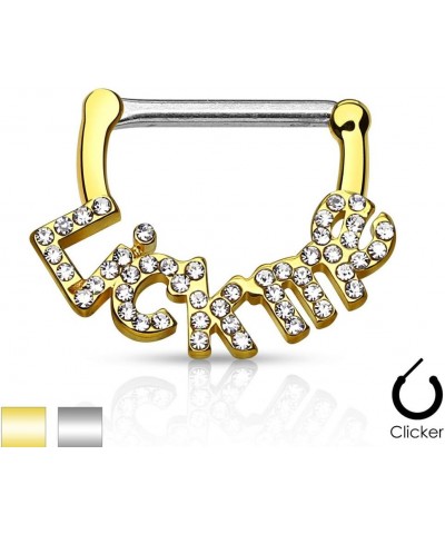 Crystal Paved Lick Me 316L Surgical Steel Nipple Clicker (Sold As Single Or Pair) Gold/Clear $10.92 Body Jewelry