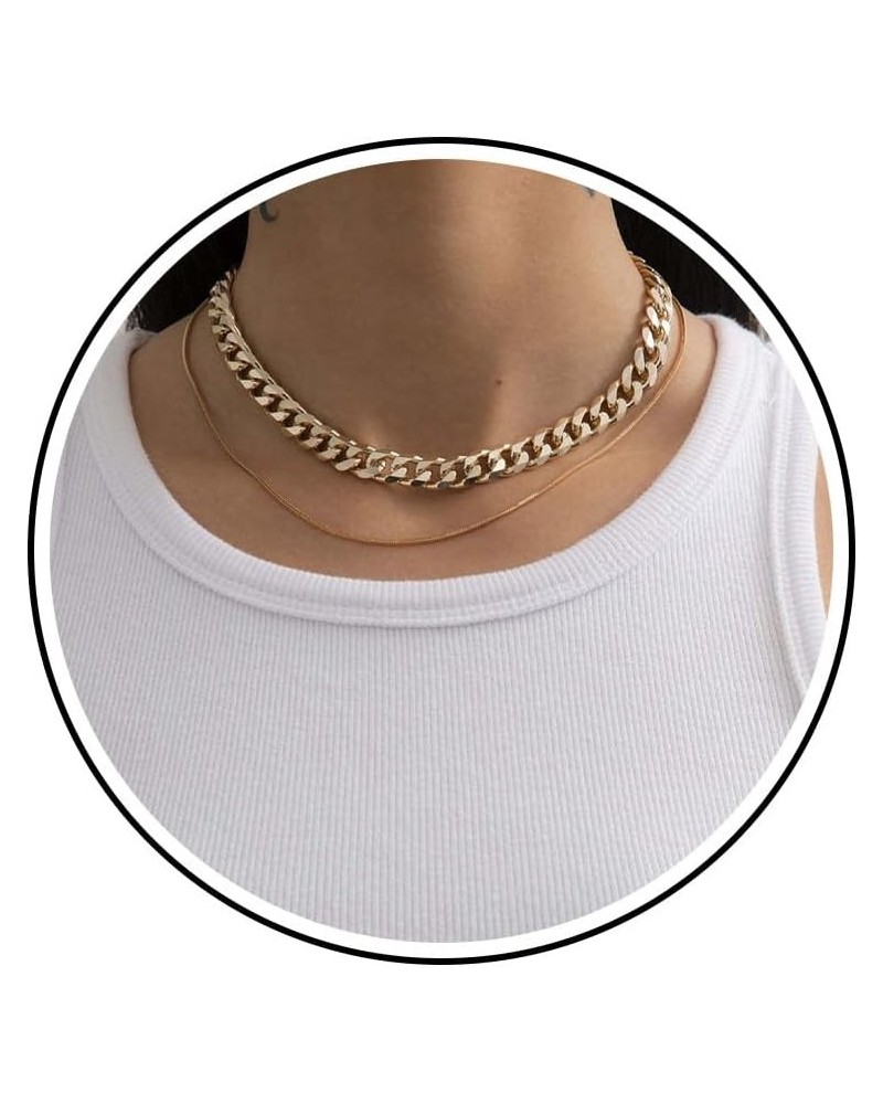 Gold Choker Necklace Dainty Cuban Link Necklace Simple Flat Snake Chain Necklace Layered Herringbone Necklace Hip Hop Jewelry...