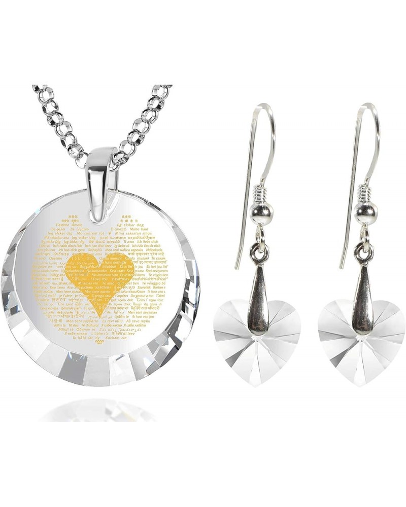 120 Languages I Love You Necklace and Crystal Heart Dangle Earrings Romantic Jewelry Set Love Pendant is Pure Gold Inscribed ...