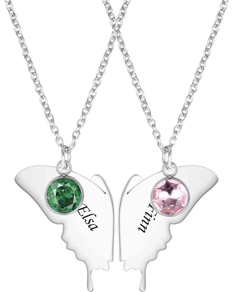 Stainless Steel Personalized Key Heart Puzzle Necklace Set with Birthstones - Custom Made with Any Name Sliver Butterfly with...