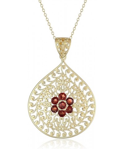 18K Yellow Gold-Plated .925 Sterling Silver Gemstone Evil Eye Teardrop Filigree 1-5/8" Pendant Necklace on 18" Chain - Choice...