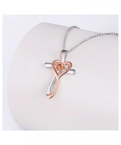 925 Sterling Silver Flower Cross Necklace Heart Mom Cross Pendant Necklace Religious Cross Fine Jewelry For Grandma, Mom, Aun...