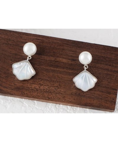 Silvery Tone Beautiful Faux Pearl Seashell Fan Fashion Drop Stud Earrings 1-Silver $10.99 Earrings