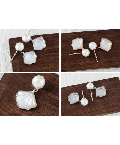 Silvery Tone Beautiful Faux Pearl Seashell Fan Fashion Drop Stud Earrings 1-Silver $10.99 Earrings