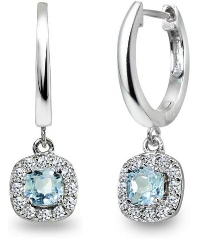 Sterling Silver Genuine or Synthetic Gemstone & CZ Cushion-Cut Halo Small Dangle Huggie Hoop Earrings December - Blue Topaz $...