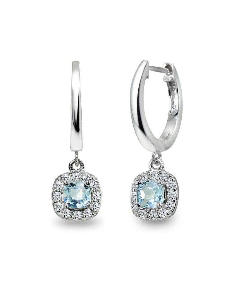 Sterling Silver Genuine or Synthetic Gemstone & CZ Cushion-Cut Halo Small Dangle Huggie Hoop Earrings December - Blue Topaz $...