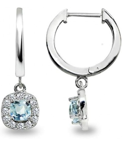 Sterling Silver Genuine or Synthetic Gemstone & CZ Cushion-Cut Halo Small Dangle Huggie Hoop Earrings December - Blue Topaz $...