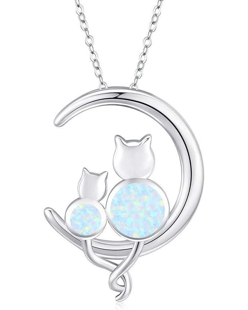 Opal Cat Necklace for Women 925 Sterling Silver Cat Jewelry for Cat Lover Gift Cute Cat Pendant Necklace Silver-Two Cats $14....