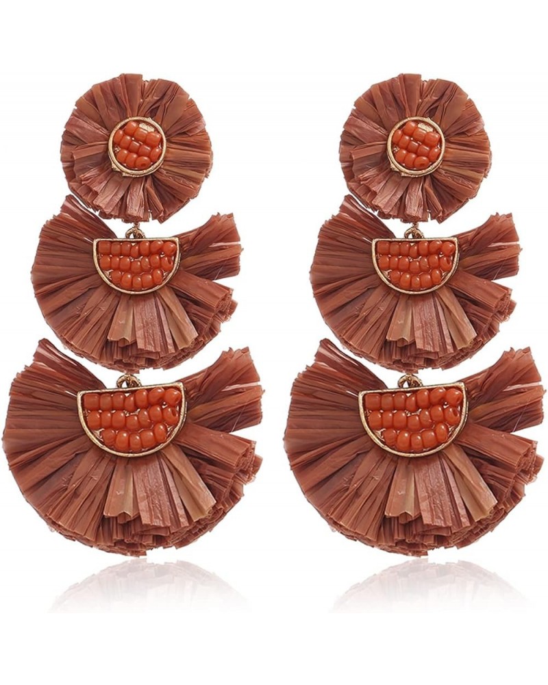 Bohemian Statement Earrings - Lightweight Tiered Raffia Beaded Earrings Drop Dangle Gifts for Women Girls Brown $9.84 Earrings