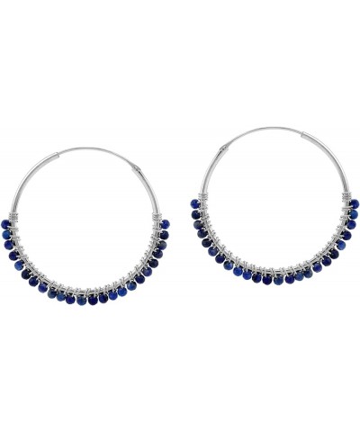 30MMx2MM Natural Gemstone Beads 925 Sterling Silver Boho 1.18 Inch Wire Wrapped O Hoop Earrings Jewelry for Women natural blu...