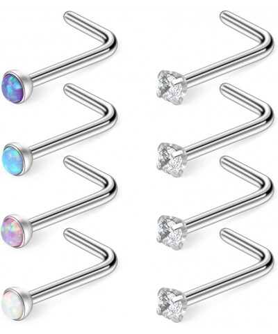 18G 316L Surgical Steel 1.5mm 2mm 2.5mm 3mm Jeweled Opal & Clear CZ Nose L-Shaped Rings Studs Ring Body Piercing Jewelry 8-16...