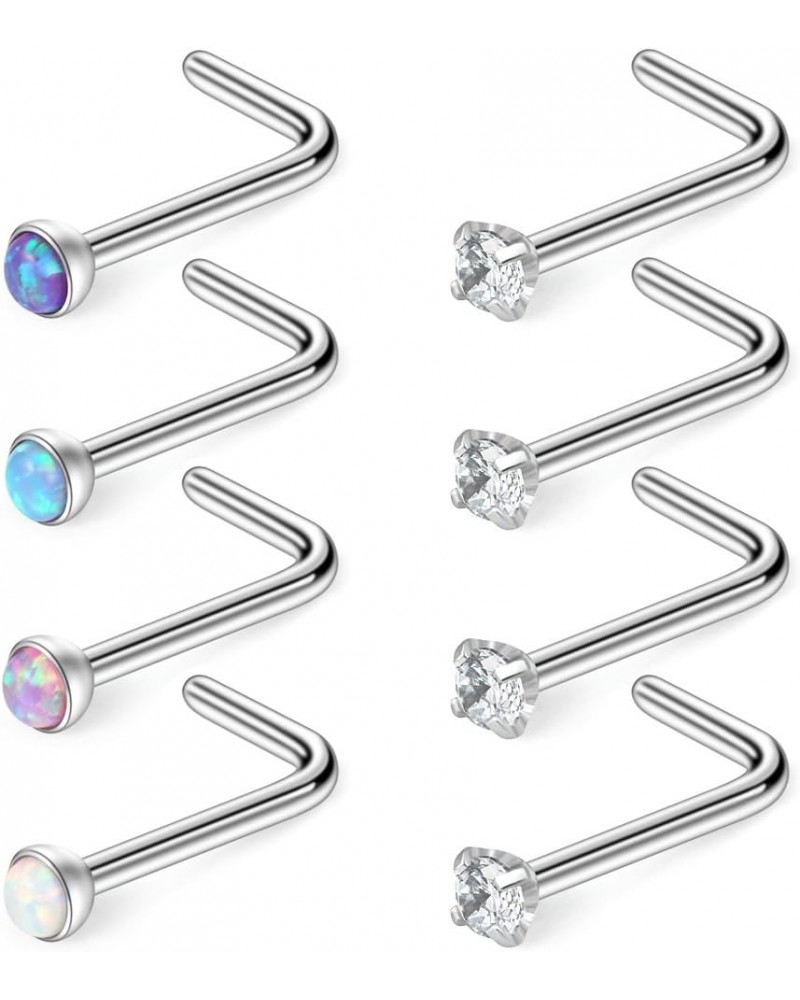 18G 316L Surgical Steel 1.5mm 2mm 2.5mm 3mm Jeweled Opal & Clear CZ Nose L-Shaped Rings Studs Ring Body Piercing Jewelry 8-16...