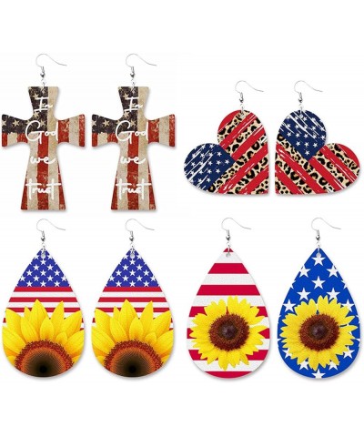 Independence Day American Flag PU Leather Earrings Sunflower Star Stripes Love Heart Cross Earring Cute Teardrop National Fla...