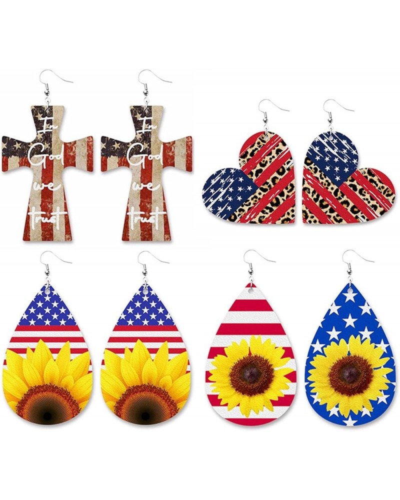 Independence Day American Flag PU Leather Earrings Sunflower Star Stripes Love Heart Cross Earring Cute Teardrop National Fla...