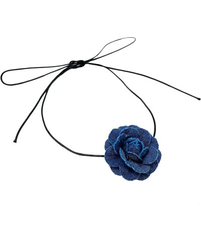 AJOJO Flower Choker Necklace for Women, Vintage Denim Blue Camellia Flower Lace-up Necklace for Women Girls Punk Jewelry Ladi...