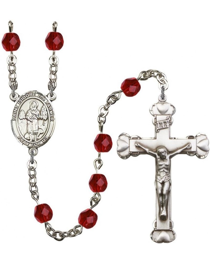 St. Isidore The Farmer Silver-Plated Rosary - Every Birth Month Color and More July Red, Large Crucifix $56.76 Necklaces