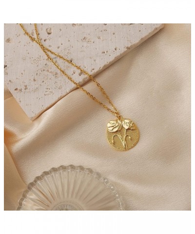 Carved Birth Month Flower Coin Necklace, Dainty Floral 18K Yellow Gold Plated Round Disc Birthday Jewelry Gift for Women Teen...