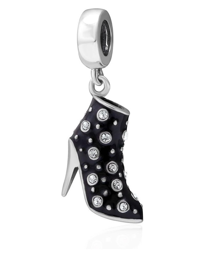 Sparkling High Heel Charms with Birthstone Crystal 925 Sterling Silver Black Enamel Shoe Dangle Charms Gifts for Her Fits Pan...