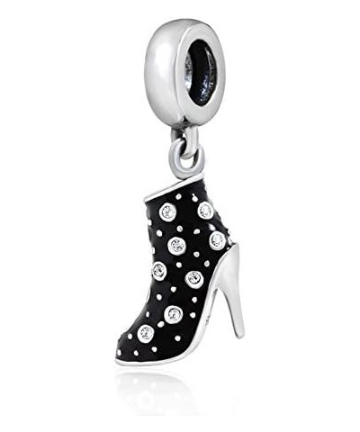 Sparkling High Heel Charms with Birthstone Crystal 925 Sterling Silver Black Enamel Shoe Dangle Charms Gifts for Her Fits Pan...