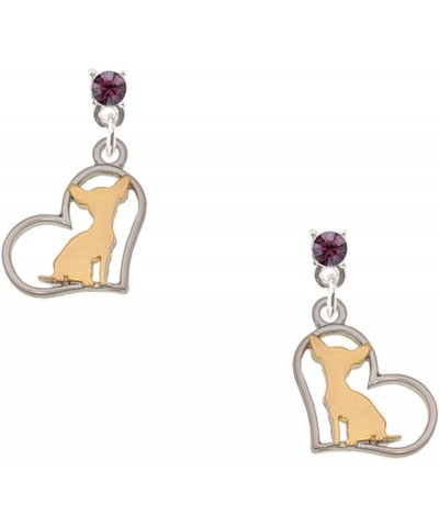 Two-tone Chihuahua Silhouette Heart Crystal Post Earrings Purple $13.99 Earrings