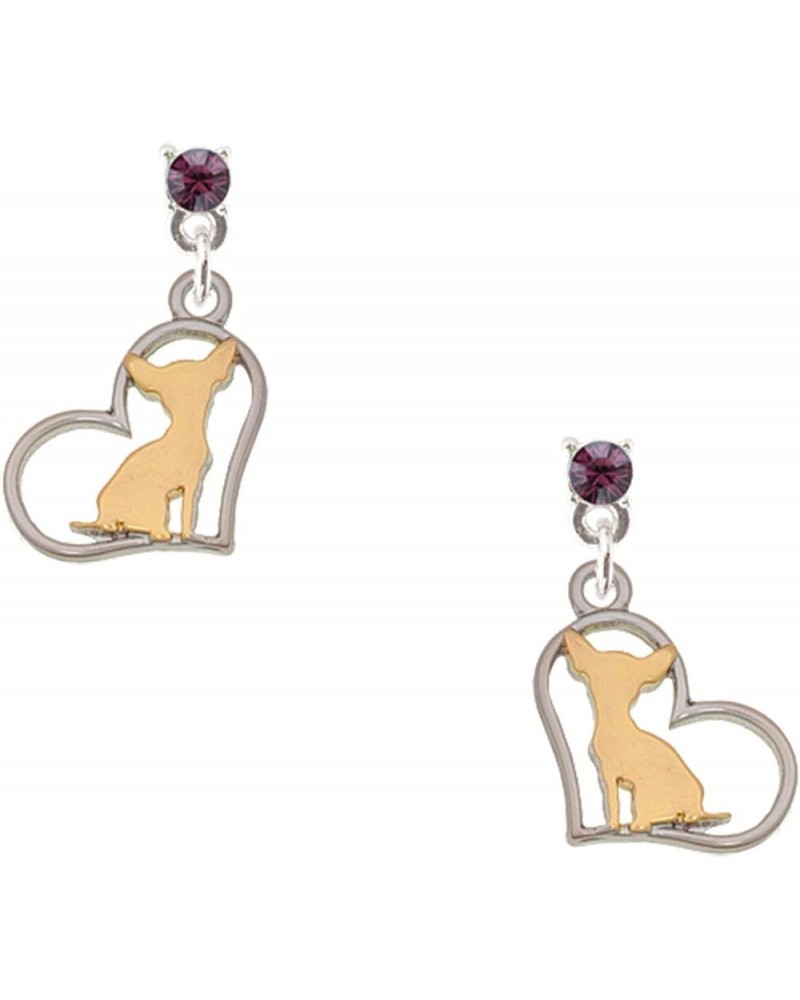 Two-tone Chihuahua Silhouette Heart Crystal Post Earrings Purple $13.99 Earrings