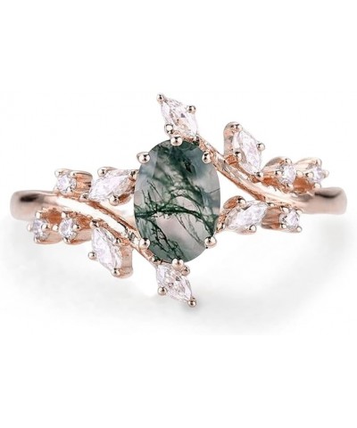 0.75CT Natural Oval Moss Agate Engagement Ring for Women 925 Sterling Silver 10k/14k/18k Rose Yellow White Gold Unique Branch...